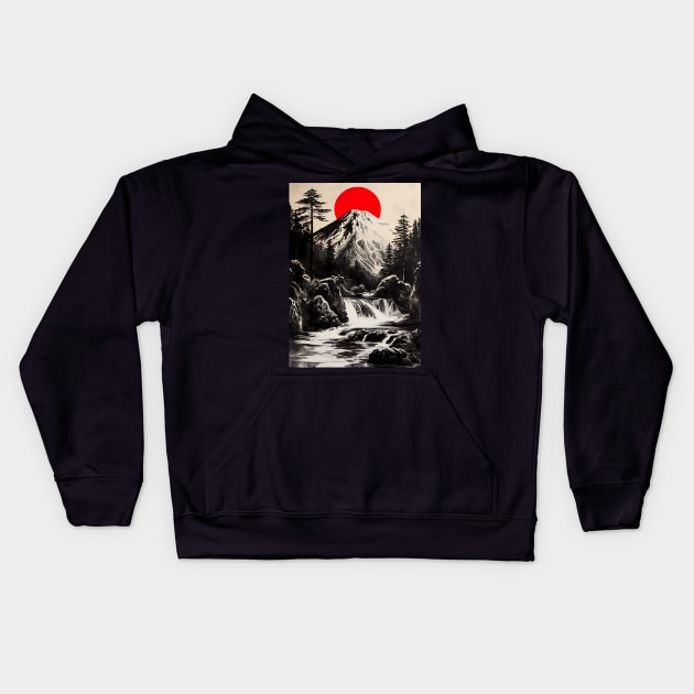 Red Moon Mount Fuji Kids Hoodie by Pozter